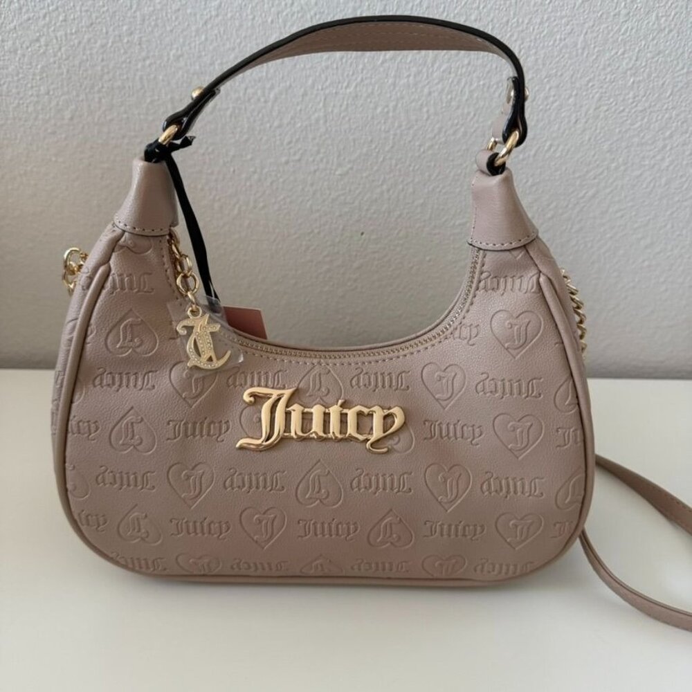 Juicy Couture Beige Embossed Logo Hobo Bag With Gold Hardware & Chain Strap